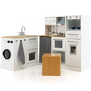 Modular Play Kitchen and Washing Machine with Storage Stool – White & Natural