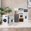 Modular Play Kitchen and Washing Machine with Storage Stool – White & Natural