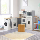 Modular Play Kitchen and Washing Machine with Storage Stool – White & Natural
