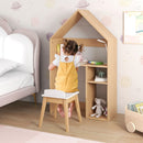 Kids house-shaped desk and chair set with storage, blackboard, and ergonomic design for toddlers' play and study.