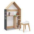 House-shaped kids' desk with blackboard and ergonomic chair, ideal for play and storage, perfect for toddlers.