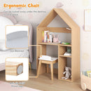 House-shaped kids' desk and ergonomic chair set with storage, blackboard, and anti-slip legs for safe play and study.