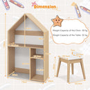 House-shaped kids' table and chair set with storage, blackboard, and ergonomic design for play and study.