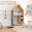 House-shaped kids' desk with storage and blackboard, ideal for play and study, featuring a sturdy wooden structure.