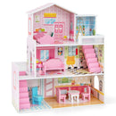 Three-Storey Wooden Dollhouse with 10 Furniture Pieces – Pink