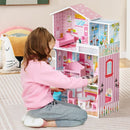 Three-Storey Wooden Dollhouse with 10 Furniture Pieces – Pink