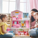 Three-Storey Wooden Dollhouse with 10 Furniture Pieces – Pink