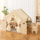 Wooden Play Tent with Table Chair and Six Storage Bins – Beige
