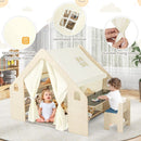Wooden Play Tent with Table Chair and Six Storage Bins – Beige