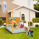 Kids Wooden Sandpit with Canopy and Sand Wall – Natural + Green