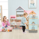 Wooden Corner Dollhouse with Furniture and Accessories – Light Pink