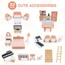 Wooden Dollhouse with Seven Rooms and 32 Accessories – Multicolour