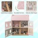 Wooden Dollhouse with Reversible Roof and Opening Doors – Pink