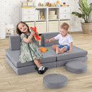 Modular kids play couch set in grey with soft velvet covers, featuring 6 pieces for imaginative play and comfort.