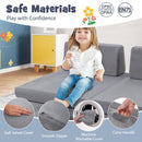 Modular kids play couch set in grey with soft velvet covers, featuring machine washable materials for easy cleaning.