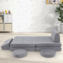 Modular kids play couch set in grey with soft velvet covers, featuring 6 pieces for endless imaginative play and.