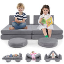 Modular kids play couch set in grey with 6 pieces, featuring soft velvet covers and high-density foam for comfort and.