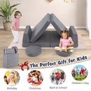 Modular kids play couch set in grey with soft velvet covers, perfect for imaginative play and easy cleaning.