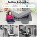 Modular kids play couch set in grey, featuring soft velvet covers and high-density foam for imaginative indoor play.