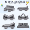 Modular kids play couch set in grey with 6 pieces, featuring soft velvet covers and high-density foam for versatile.