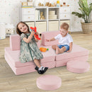 Modular kids play couch set in pink with soft velvet covers, featuring 6 pieces for creative play and relaxation.