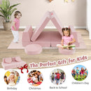 Modular kids play couch set in pink with soft velvet covers, perfect for imaginative play and easy cleaning.