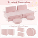 Modular kids play couch set in pink with 6 pieces, featuring soft velvet covers and high-density foam for comfort.