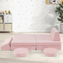 Modular kids play couch set in pink with soft velvet covers, includes 6 pieces for creative play and relaxation.