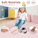 Modular kids play couch set in pink with soft velvet covers, high-density foam, and removable machine washable covers.
