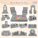 Modular 8-piece kids sofa playset in grey, featuring versatile blocks for building couches, tunnels, and forts for.