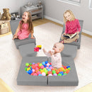 Modular kids sofa play couch in grey, featuring 8 pieces for climbing, lounging, and ball pit fun for children.