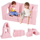Modular 8-piece pink kids sofa playset with soft suede fabric, perfect for climbing, lounging, or building forts.
