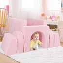 Modular pink kids play couch set with 8 pieces, designed for climbing, crawling, and imaginative play in a safe.
