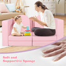 Modular pink kids sofa play couch with 8 blocks, made of soft suede fabric and supportive sponge for safe play.