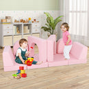 Modular 8-piece kids play couch in pink, perfect for climbing, lounging, and imaginative play for children over 3 years.