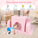 Modular 8-piece kids sofa play couch in pink, made of soft suede, perfect for climbing, crawling, and imaginative play.