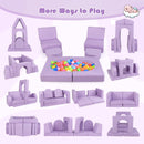 Modular 8-piece kids sofa playset in purple, featuring versatile blocks for building couches, tunnels, and forts.