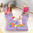Modular kids play couch in purple with 8 pieces, featuring a ball pit, perfect for creative play and safe fun.