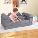 Modular 9-piece kids play couch in grey, featuring soft suede fabric, ideal for climbing, lounging, and creative play.