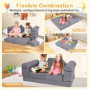 Modular 9-piece kids play couch in grey, convertible to a bed, lounger, or ball pit for safe, creative play.