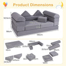 Dimensions of the 9-piece grey modular kids play couch, showcasing its versatile configurations for play and relaxation.