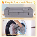 Modular kids play couch in grey with machine-washable covers, stackable design for easy storage and cleaning.