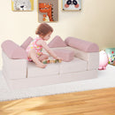 Modular 9-piece kids play couch in pink, featuring soft suede fabric, ideal for climbing, lounging, and imaginative.