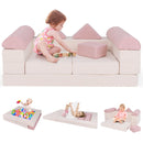Modular 9-piece kids play couch in pink, featuring soft suede fabric, safe design, and versatile configurations for.