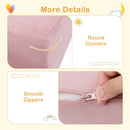 Detail of the pink 9-piece modular kids play couch showing rounded corners and smooth zippers for safe, easy.