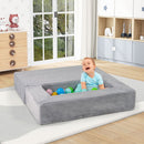 Modular kids sofa couch in grey, featuring a child playing in a ball pool, perfect for creative exploration and comfort.