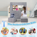 Modular kids sofa couch in grey, designed for versatile play as a fort, puppet show, or napping space for children.