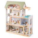 Wooden Dollhouse with Balcony Pool and 33 Furniture Pieces – Light Green