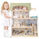 Wooden Dollhouse with Balcony Pool and 33 Furniture Pieces – Light Green
