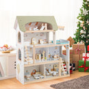 Wooden Dollhouse with Balcony Pool and 33 Furniture Pieces – Light Green